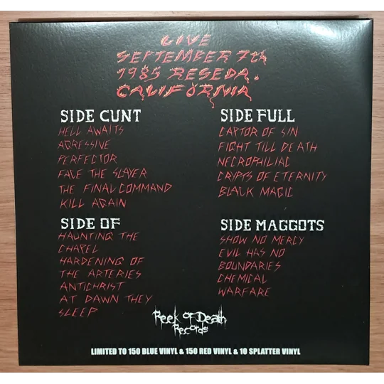 Slayer xxxx Full Of Maggots Red live 1985 Reseda USA 2LP Vinyl gatefold sleeve