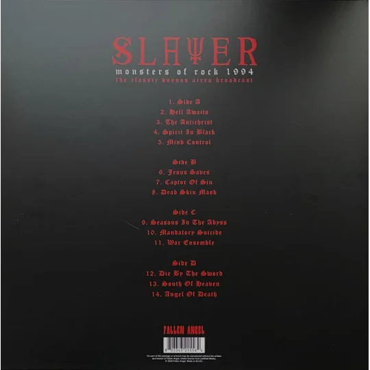 Slayer Monsters of Rock 1994 The Classic Buenos Aires Broadcast Buenos Aires Argentina 2LP black
