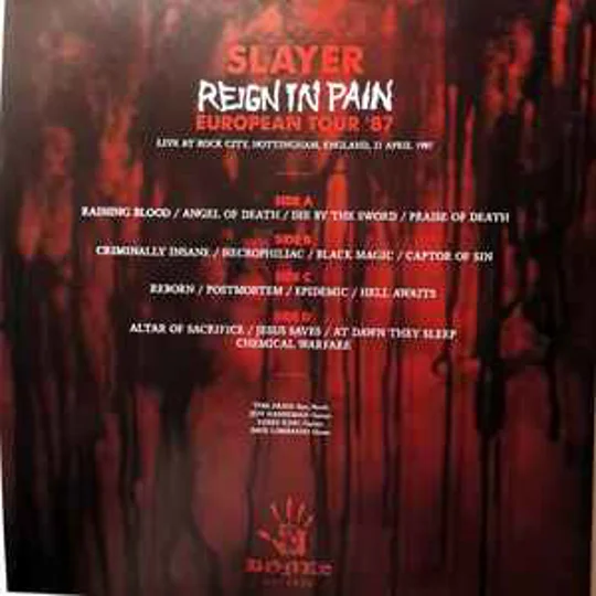 Slayer live Rock City Notingham 2LP gatefold Red/Black Smoke vinyl Reign In Pain European Tour '87