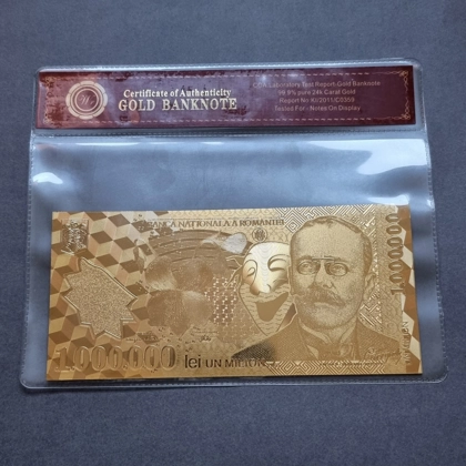 ROMANIA 1.000.000 Lei 24k gold plated banknote with COA