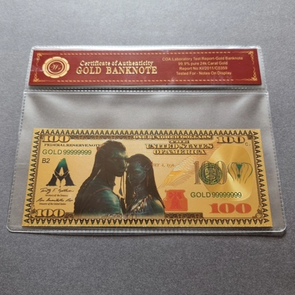 Colourised AVATAR 100 Dollars 24k gold plated banknote with COA