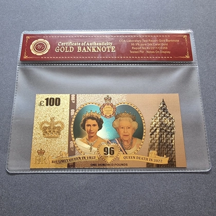 Colourised 100 GBP Queen Elizabeth II 1926-2022 24k gold plated banknote with COA