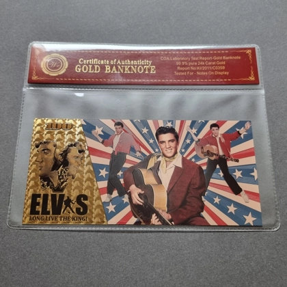 Colourised ELVIS PRESLEY 1935-1977 24k gold plated banknote with COA