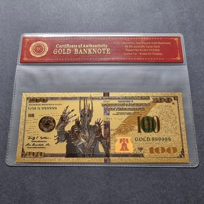 Colourised LOTR The Lord of the Rings - SAURON 24k gold plated banknote with COA