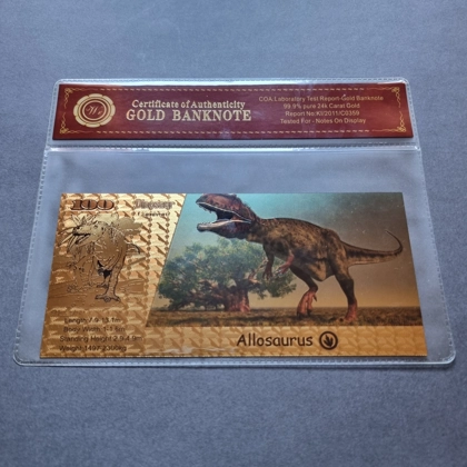 Colourised DINOSAUR Allosaurus 24k gold plated banknote with COA