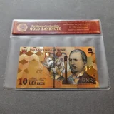 Colourised ROMANIA 10 Lei 24k gold pla..