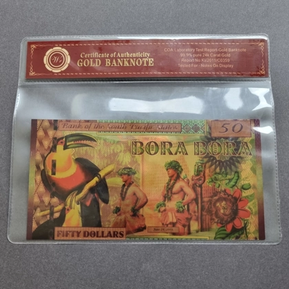 Colourised Bank Of The South Pacific States BORA BORA 50 Dollars 24k gold plated banknote with COA