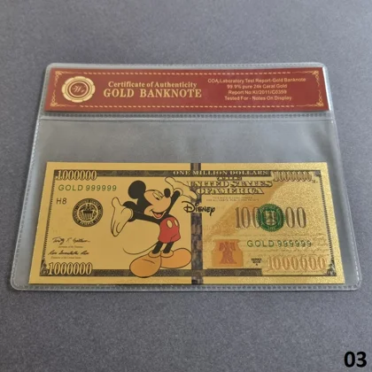 Colourised MICKEY MOUSE AND DONALD DUCK (03) 24k gold plated banknote with COA