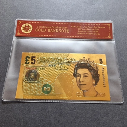 Colourised 5 GBP Queen Elizabeth II 24k gold plated banknote with COA