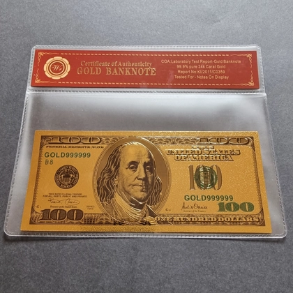 Colourised USA 100 Dollars 24k gold plated banknote with COA