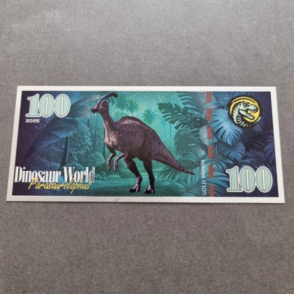 Colourised DINOSAUR WORLD Parasaurolophus silver plated banknote