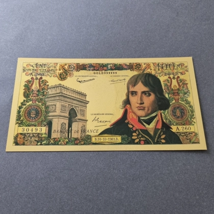 Colourised FRANCE 100 Francs 1963 Napoleon Bonaparte 1769-1821 24k gold plated banknote