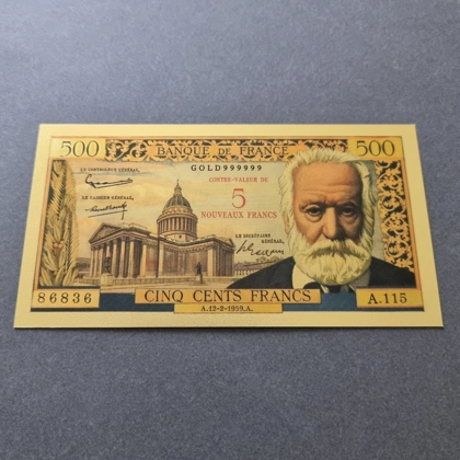 Colourised FRANCE 5 New Francs on 500 Francs 1959 24k gold plated banknote