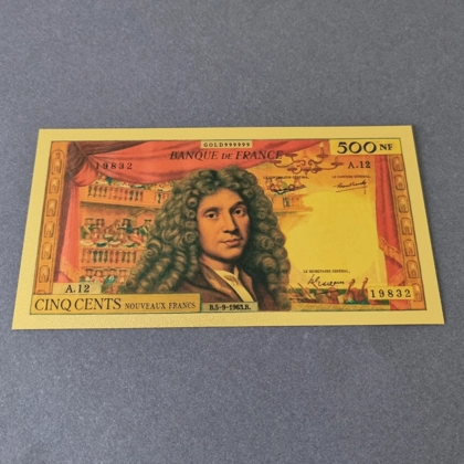 Colourised FRANCE 500 New Francs 1963 24k gold plated banknote