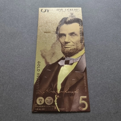 Colourised USA 5 Dollars Abraham Lincoln (Statue Of Liberty) 24k gold plated banknote