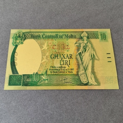 Colourised MALTA 10 Liri 1967 24k gold plated banknote