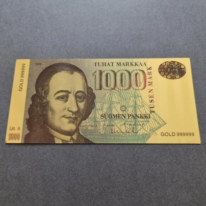 Colourised FINLAND 1000 Markkaa 1986 24k gold plated banknote