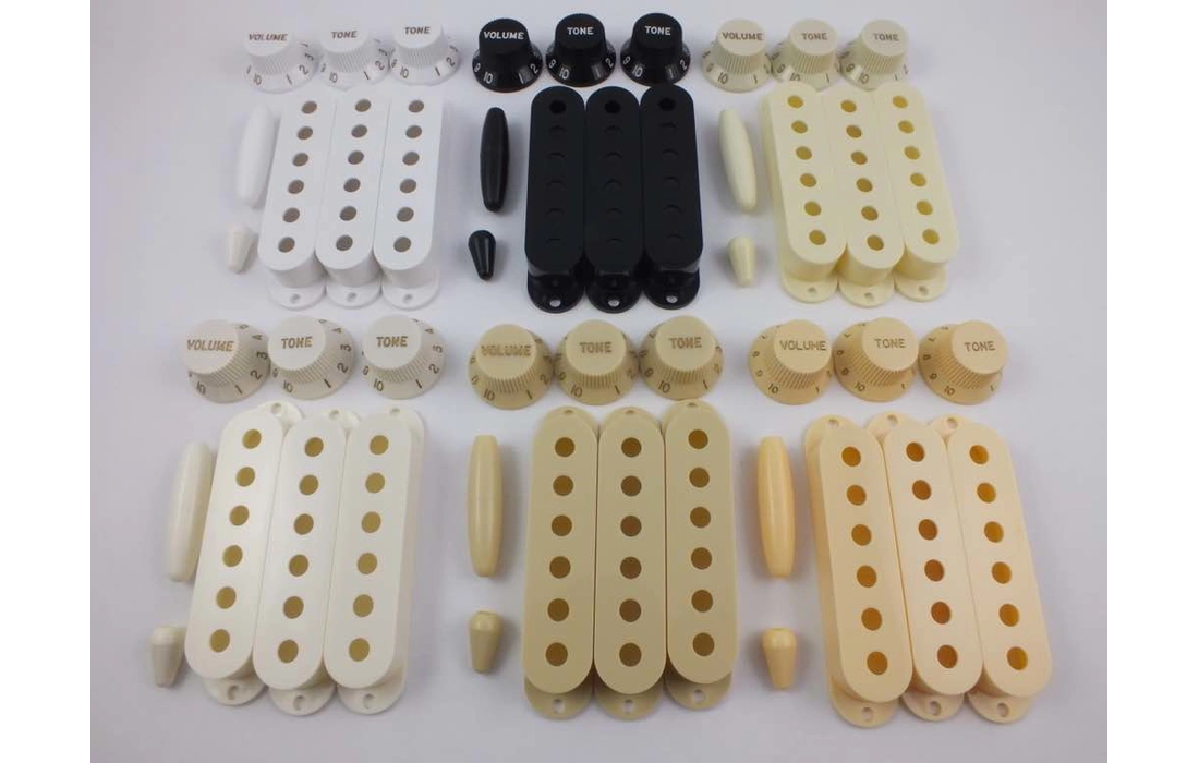 Pickup Covers, Knobs & Tips to fit USA Stratocaster with 24 spline CTS Pots,  6 Colours