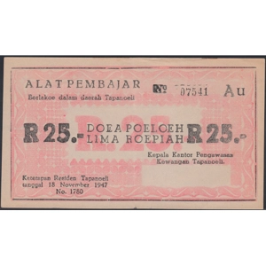 Indonesia 25 rupiah 1947 Tapanoeli - SOLD - SOLD - SOLD - SOLD