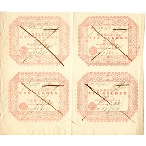 Netherlands Indies 5 gulden recepis 1846 uncut sheet of 4, withdrawn - SOLD - SOLD - SOLD