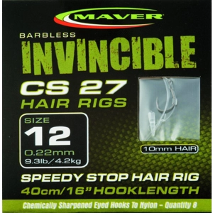 Invincible - CS27 Pack of 8 Band Hair Rig / Speedy Stop Barbless Hooks