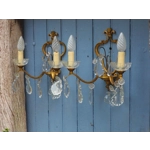 Large pair of Gilt bronze French Antique girandole style wall sconces with twin arms and masses of l