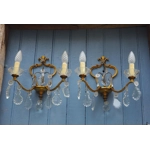 Large pair of Gilt bronze French Antique girandole style wall sconces with twin arms and masses of l