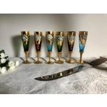 Murano glass champagne flutes with gold gilding hand painted enamel floral relief designs on twisted