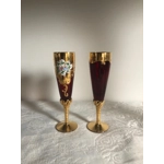 Murano glass champagne flutes with gold gilding hand painted enamel floral relief designs on twisted