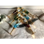 Murano glass champagne flutes with gold gilding hand painted enamel floral relief designs on twisted