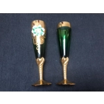 Murano glass champagne flutes with gold gilding hand painted enamel floral relief designs on twisted