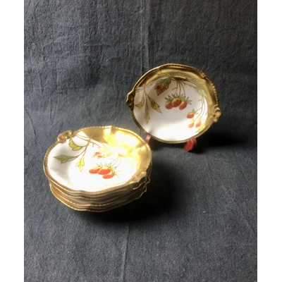 Five antique porcelain plates for berries or desserts hand painted by the artist Gilbert from the Co