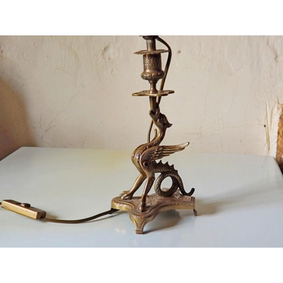 Vintage mid century brass dragon griffin phoenix table lamp with cable switch and plug, coffee table