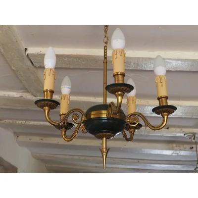 Vintage Empire Style Bronze Chandelier: 5-Arm, Green Lacquered Bowl, Arrow Finial
