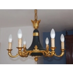 Stylish and elegant vintage 6 Branch Empire style chandelier in green and gilded bronze