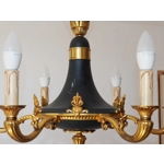 Stylish and elegant vintage 6 Branch Empire style chandelier in green and gilded bronze