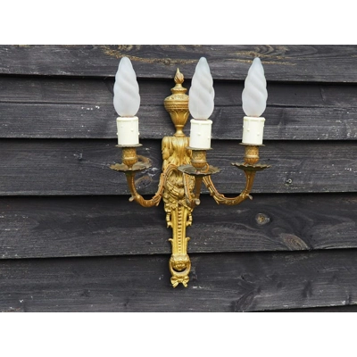 French Antique Louis XVI large 3 branch wall sconce wall light in bronze with detailed casting and i