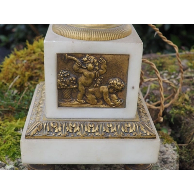 Antique French white marble and Bronze table lamp decorated with 4 scenes of Putti cherubs late 1800