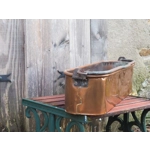 Vintage French Poissonnière large copper fish kettle with iron swing handle.