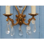 French antique Louis xv style twin arm wall sconces in bronze with crystals C1940s sumptuous and rom