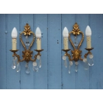 French antique Louis xv style twin arm wall sconces in bronze with crystals C1940s sumptuous and rom