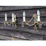 French Antique empire twin arm wall sconces bronze with dolphin heads and crystals C1920s