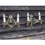 French Antique empire twin arm wall sconces bronze with dolphin heads and crystals C1920s