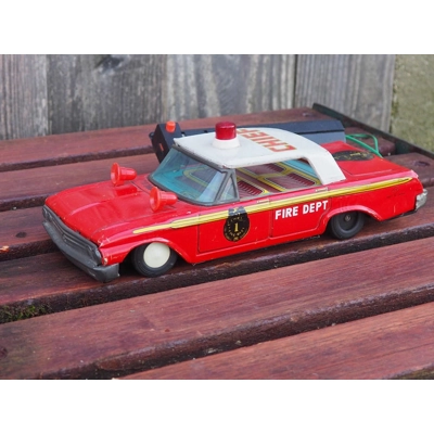 Vintage japanese tinplate fire department chief car with remote control C1970s retro toys