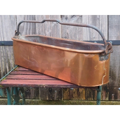 Vintage French Poissonnière large copper fish kettle with iron swing handle