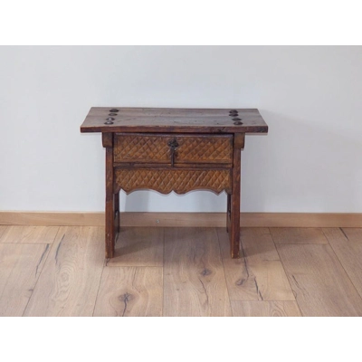 Mid Century French Side Table planked top with drawer carved front with rustic nail heads to the top
