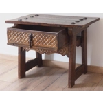 Mid Century French Side Table planked top with drawer carved front with rustic nail heads to the top