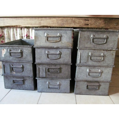 Industrial large metal storage drawers boxes sourced from an old phillips factory in holland. dated and stamped.