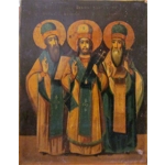 Antique 19C Russian orthodox icon depicting the 3 saints circa late 1800s