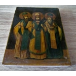 Antique 19C Russian orthodox icon depicting the 3 saints circa late 1800s